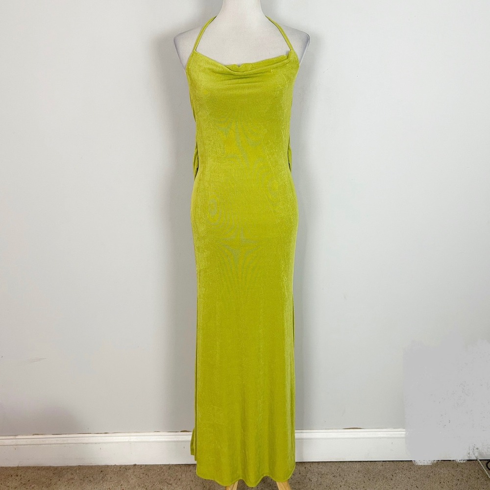 NEW Women's Maxi Dress Chartreuse Green Cowl Neck Open Back Size Medium